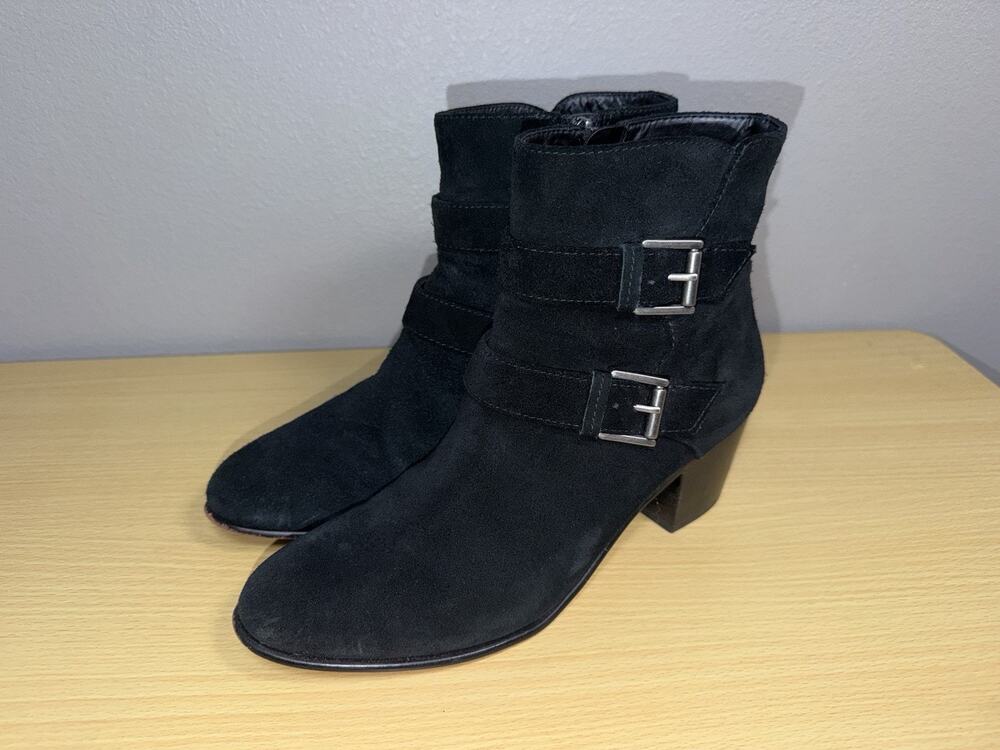 Clarks Womens CEARA CHLOE Black Suede Ankle Boots Sz 8 Buckle Straps Block Heels